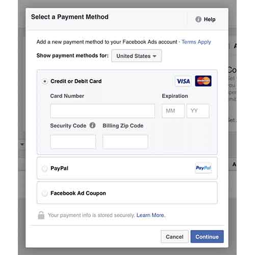 Facebook payment method